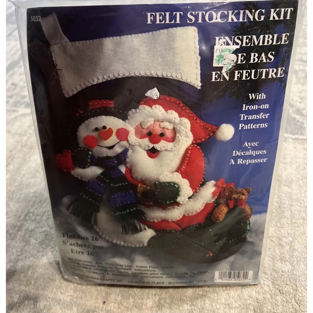 New Design Works 16" Christmas Stocking Kit-Santa Snowman-Felt Sequins Bead 5032